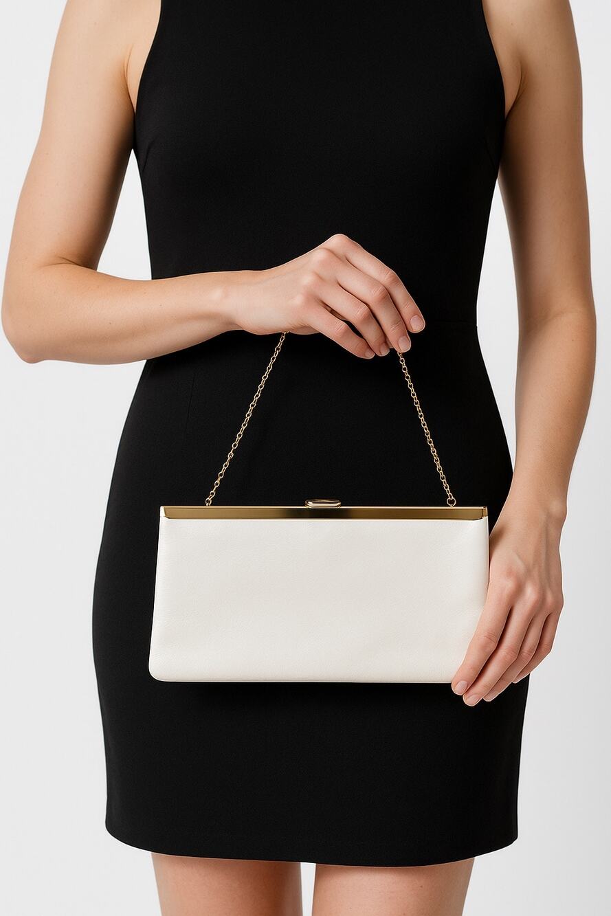 70s Etra white clutch with gold metal frame and matching gold chain strap
